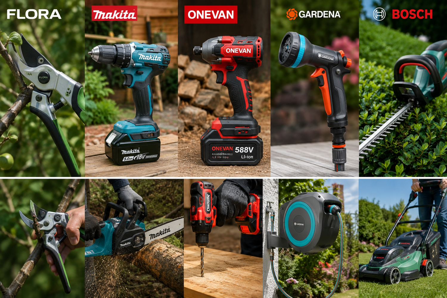 Collectie accu tuingereedschap van Makita, Bosch, Gardena, Flora en Onevan met heggenscharen, boormachines, grasmaaiers en snoeigereedschap.